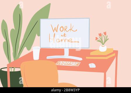 Espace de travail confortable avec moniteur de bureau et fleurs à la maison. Illustration vectorielle colorée dans un style de dessin animé plat Illustration de Vecteur