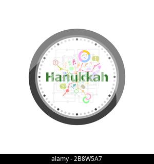 Texte Hanukkah sur fond numérique. Concept de vacances . Ensemble d'icônes modernes de conception plate pour le marketing d'Internet. Horloge isolée sur le backgro blanc Banque D'Images