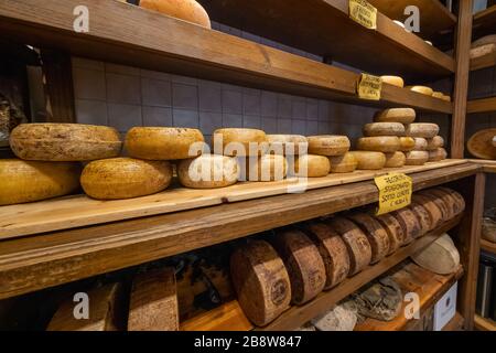 Grande sélection de fromages dans la boutique de produits alimentaires locale Banque D'Images