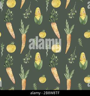 Motif sans couture avec légumes dans un style aquarelle. Ingrédient, dessin, courgettes, éco, tiré, produit, végétalien, pomme de terre, cru, isolé, aubergine Banque D'Images