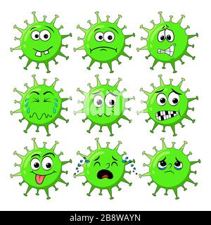 Caractère vert du virus corona avec visage d'expression triste. Illustration vectorielle du coronavirus avec expression faciale grand ensemble isolé sur fond blanc Illustration de Vecteur