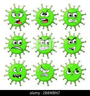 le virus corona a un caractère fâché, fou, folle expression faciale. Monstre du virus. Virus tueur. Jeu de caractères du coronavirus isolé sur le backgroun blanc Illustration de Vecteur