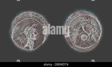 Denarius (coin) représentant Julius César, 42 av. J.-C., publié par L. Mussidius Longus, romain, miné à Rome, Rome, argent, Diam. 2 cm, 3,83 g, repensé par Gibon, design de glanissement chaud et gai de la luminosité et des rayons de lumière radiance. L'art classique réinventé avec une touche moderne. La photographie inspirée du futurisme, qui embrasse l'énergie dynamique de la technologie moderne, du mouvement, de la vitesse et révolutionne la culture. Banque D'Images