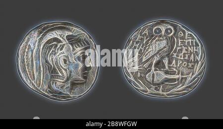 Tetradrachm (coin) représentant la déesse Athena, environ 163 av. J.-C., grec, Athènes, argent, Diam. 3 cm, 16,05 g, repensé par Gibon, design de glanissement chaud et gai de la luminosité et des rayons de lumière radiance. L'art classique réinventé avec une touche moderne. La photographie inspirée du futurisme, qui embrasse l'énergie dynamique de la technologie moderne, du mouvement, de la vitesse et révolutionne la culture. Banque D'Images