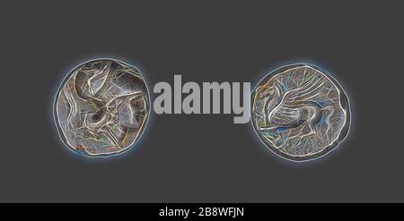 Stater (coin) représentant la Déesse Athena, 317/310 BC, Grec, Syracuse, Silver, Diam. 2 cm, 8,66 g, repensé par Gibon, design de glanissement chaud et gai de la luminosité et des rayons de lumière radiance. L'art classique réinventé avec une touche moderne. La photographie inspirée du futurisme, qui embrasse l'énergie dynamique de la technologie moderne, du mouvement, de la vitesse et révolutionne la culture. Banque D'Images