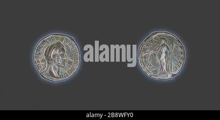 Denarius (coin) représentant l'empereur Antoninus Pie, AD 160, romain, miné à Rome, Empire romain, argent, Diam. 1,8 cm, 3,25 g, repensé par Gibon, design de glanissement chaud et gai de la luminosité et des rayons de lumière radiance. L'art classique réinventé avec une touche moderne. La photographie inspirée du futurisme, qui embrasse l'énergie dynamique de la technologie moderne, du mouvement, de la vitesse et révolutionne la culture. Banque D'Images