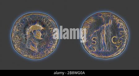 Pièce de monnaie représentant l'empereur Domitian, AD 81/96, Roman, Empire romain, Bronze, Diam. 2,8 cm, 13,23 g, repensé par Gibon, design de glanissement chaud et gai de la luminosité et des rayons de lumière radiance. L'art classique réinventé avec une touche moderne. La photographie inspirée du futurisme, qui embrasse l'énergie dynamique de la technologie moderne, du mouvement, de la vitesse et révolutionne la culture. Banque D'Images