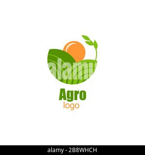 Logo agro pour la nourriture végétalienne ou la société. Champs verts et soleil orange. Vecteur Illustration de Vecteur