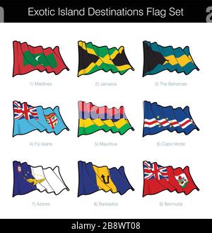 Ensemble de drapeaux sur les destinations exotiques de voyage sur l'île. L'ensemble comprend les drapeaux des Maldives, des Açores, de Maurice, des Fidji, des Bermudes, de la Jamaïque, des Bahamas et de la Barbado Illustration de Vecteur