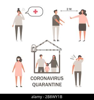 La famille défend contre le coronavirus, illustration du vecteur d'isolation domestique Illustration de Vecteur