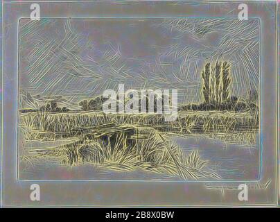 A Water Meadow, 1859, Francis Seymour Haden, Anglais, 1818-1910, Angleterre, gravure sur cuivre imprimé sur papier ivoire, 151 × 227 mm (image/plaque), 191 × 258 mm (feuille), repensé par Gibon, design de glanissement chaleureux et joyeux de la luminosité et des rayons de lumière. L'art classique réinventé avec une touche moderne. La photographie inspirée du futurisme, qui embrasse l'énergie dynamique de la technologie moderne, du mouvement, de la vitesse et révolutionne la culture. Banque D'Images