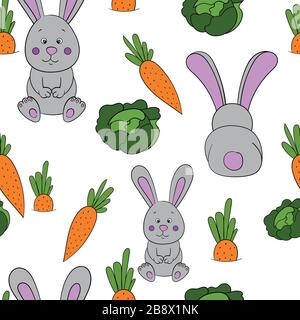 Motif sans couture avec lapins, fleurs, carottes et chou colorés sur fond blanc. Illustration vectorielle. Illustration de Vecteur