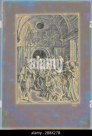 La circoncision du Christ, de la vie de la Vierge, c. 1505, publié 1511, Albrecht Dürer, allemand, 1471-1528, Allemagne, Woodcut en noir sur papier brun clair, 298 x 209 mm (image), 433 x 302 mm (feuille), repensé par Gibon, design de glanissement chaud et gai de la luminosité et des rayons de lumière radiance. L'art classique réinventé avec une touche moderne. La photographie inspirée du futurisme, qui embrasse l'énergie dynamique de la technologie moderne, du mouvement, de la vitesse et révolutionne la culture. Banque D'Images