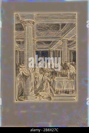 La présentation du Christ dans le Temple, de la vie de la Vierge, c. 1505, publié 1511, Albrecht Dürer, allemand, 1471-1528, Allemagne, Woodcut en noir sur papier brun clair, 299 x 208 mm (image), 433 x 303 mm (feuille), repensé par Gibon, design de glanissement chaud et gai de la luminosité et des rayons de lumière radiance. L'art classique réinventé avec une touche moderne. La photographie inspirée du futurisme, qui embrasse l'énergie dynamique de la technologie moderne, du mouvement, de la vitesse et révolutionne la culture. Banque D'Images