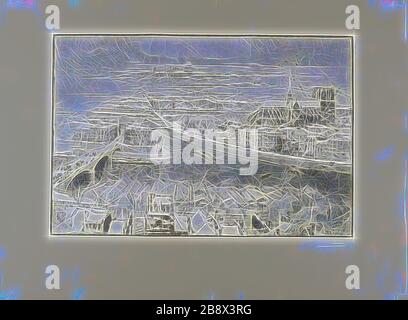 Paris sous neige, vue de la Tour de Saint-Gervais, 1890, Louis Auguste Lepère, Français, 1849-1918, France, gravure en bois noir sur tissu crème japonais, 302 × 453 mm (image), 454 × 607 mm (feuille), repensée par Gibon, design de brillant gai chaud de luminosité et de rayons de lumière radiance. L'art classique réinventé avec une touche moderne. La photographie inspirée du futurisme, qui embrasse l'énergie dynamique de la technologie moderne, du mouvement, de la vitesse et révolutionne la culture. Banque D'Images