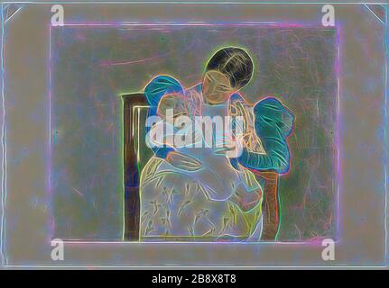 L'enfant baisfoped, 1896–98, Mary Cassatt, américaine, 1844-1926, États-Unis, Drypoint et aquatint, en couleur, sur papier blanc cassé, 244 x 320 mm (image/plaque), 295 x 428 mm (feuille), repensé par Gibon, design de glanissement chaud et de rayonnement de lumière. L'art classique réinventé avec une touche moderne. La photographie inspirée du futurisme, qui embrasse l'énergie dynamique de la technologie moderne, du mouvement, de la vitesse et révolutionne la culture. Banque D'Images