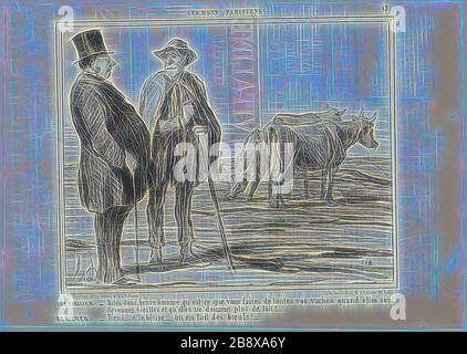 Le parisien, dites-moi, bon homme, que faites-vous avec toutes ces vaches une fois qu'elles sont devenues vieilles et ne donnent plus de lait? Le Cowherd, question Silly… Nous en faisons des boeufs!, plaque 13 de ces Bons Parisiens, 1857, Honoré Victorin Daumier, français, 1808-1879, France, Lithographe en papier noir sur ove ivoire, avec verso typographique, 204 × 255 mm (image), 254 × 357 mm (feuille), réinventé par Gibon, conception d'un brillant chaleureux et joyeux de la luminosité et des rayons de lumière radiance. L'art classique réinventé avec une touche moderne. La photographie inspirée du futurisme, embrassant l'énergie dynamique de la technologie moderne Banque D'Images