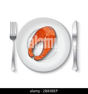 Steak de saumon sur une plaque blanche Illustration de Vecteur