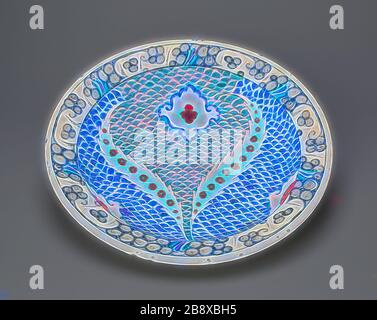 Plat (Tabaq) avec motif d'échelle et feuilles dentelées, dynastie ottomane (1299–1923), fin du XVIe siècle, Turquie, Iznik, Turquie, Fritware avec peinture sous-glaçante en bleu, turquoise, rouge, Et noir, 6 × 30,7 cm (2 3/8 × 12 1/16 in.), repensé par Gibon, conception de la gaie chaleureuse de luminosité et de rayons de lumière radiance. L'art classique réinventé avec une touche moderne. La photographie inspirée du futurisme, qui embrasse l'énergie dynamique de la technologie moderne, du mouvement, de la vitesse et révolutionne la culture. Banque D'Images