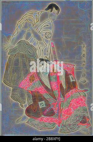 Les acteurs Ichikawa Yaozo lll (R) comme Fuwa Banzaemon et Sakata Hangoro lll (L) comme Kosodate Kannonbo, 1794, Toshusai Sharaku ?? ??, Japonais, actif 1794-95, Japon, imprimé color woodblock, oban, 38,1 x 25,4 cm (15 x 10 in.), repensé par Gibon, design de glanissement chaleureux et gai de la luminosité et des rayons de lumière radiance. L'art classique réinventé avec une touche moderne. La photographie inspirée du futurisme, qui embrasse l'énergie dynamique de la technologie moderne, du mouvement, de la vitesse et révolutionne la culture. Banque D'Images