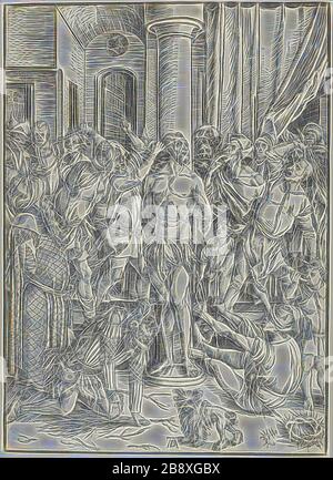 La Flagellation, de la grande Passion, c. 1496–97, Albrecht Dürer, allemand, 1471-1528, Allemagne, Woodcut en noir sur papier ivoire, 384 x 277 mm (image), 387 x 278 mm (feuille), réinventé par Gibon, design de brillant gai chaud de luminosité et de rayonnement de rayons de lumière. L'art classique réinventé avec une touche moderne. La photographie inspirée du futurisme, qui embrasse l'énergie dynamique de la technologie moderne, du mouvement, de la vitesse et révolutionne la culture. Banque D'Images