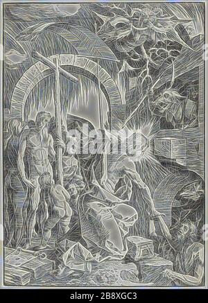 L'aviron de l'Enfer, le Christ dans Limbo, plaque neuf de la grande Passion, 1510, Albrecht Dürer, allemand, 1471-1528, Allemagne, Woodcut en noir sur papier ivoire, 402 x 287 mm, repensé par Gibon, conception de glanissement chaud et gai de lumière. L'art classique réinventé avec une touche moderne. La photographie inspirée du futurisme, qui embrasse l'énergie dynamique de la technologie moderne, du mouvement, de la vitesse et révolutionne la culture. Banque D'Images