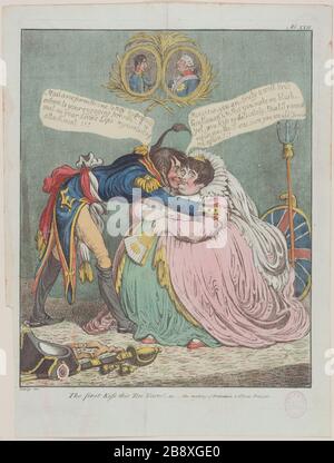 LE PREMIER BAISER CES DIX ANNÉES ! OU LA RENCONTRE DE BRITANNIA ET DU CITOYEN FRANÇOIS 'le premier baiser ces dix années ! Ou la rencontre de Britannia et du citoyen François (sécurité d'Amiens), 1803. Eau-forte de James Gillray (1757-1815). Paris, musée Carnavalet. Banque D'Images