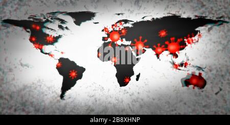 Vue sur la carte du monde sur les points de déclenchement du virus corona covid-19 avec photographie analogique Banque D'Images