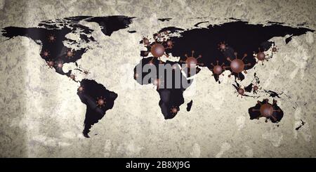 Vue sur la carte du monde sur les points de déclenchement du virus corona covid-19 avec photographie analogique Banque D'Images