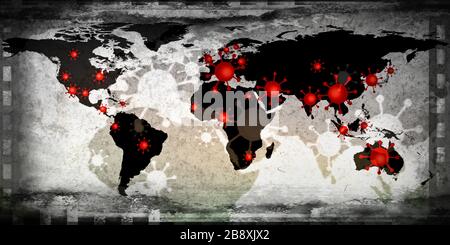 Vue sur la carte du monde sur les points de déclenchement du virus corona covid-19 avec photographie analogique Banque D'Images