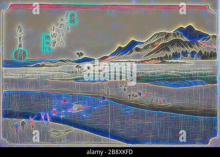 Odawara: La rivière Sakawa (Odawara, Sakawagawa), de la série cinquante-trois stations de la route Tokaïdo (Tokaïdo gojuran tsugi no uchi), également connue sous le nom de Hoeido Tokaïdo, c. 1833/34, Utagawa Hiroshige ?? ??, Japonais, 1797-1858, Japon, imprimé color woodblock, oban, 25 x 36,1 cm (9 3/4 x 14 1/4 in.), repensé par Gibon, design de gaieté chaleureuse et gaie de luminosité et de rayonnement de lumière. L'art classique réinventé avec une touche moderne. La photographie inspirée du futurisme, qui embrasse l'énergie dynamique de la technologie moderne, du mouvement, de la vitesse et révolutionne la culture. Banque D'Images