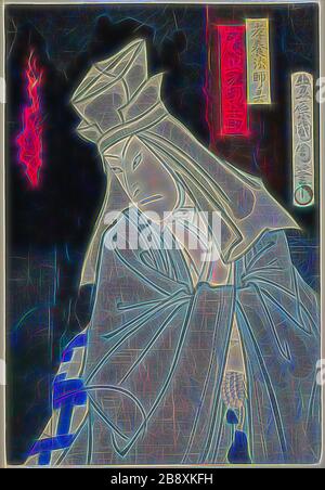 L'acteur Onoe Kikugoro comme le fantôme de Koyo Hoshi, XIXe siècle, Toyohara Kunichika, japonais, 1835-1900, Japon, impression en blocs de couleurs, feuille droite de triptyque d'oban, repensée par Gibon, conception de glawing chaud et gai de lumière radiance. L'art classique réinventé avec une touche moderne. La photographie inspirée du futurisme, qui embrasse l'énergie dynamique de la technologie moderne, du mouvement, de la vitesse et révolutionne la culture. Banque D'Images