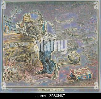 Il le rend Sick, de Puck, publié le 18 août 1880, Joseph Keppler, américain, 1638-1894, États-Unis, lithographie de couleur sur papier journal, 206 x 222 mm, réinventé par Gibon, design de glanissement chaud et gai de la luminosité et des rayons de lumière radiance. L'art classique réinventé avec une touche moderne. La photographie inspirée du futurisme, qui embrasse l'énergie dynamique de la technologie moderne, du mouvement, de la vitesse et révolutionne la culture. Banque D'Images