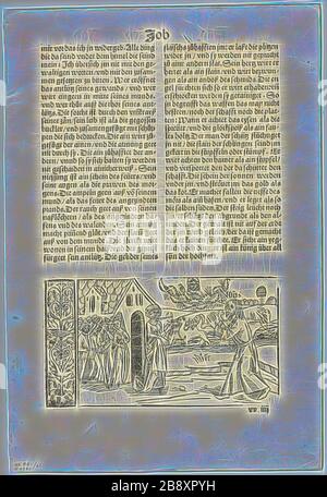 Illustration de la 14ème Bible allemande, plaque 21 de Woodcuts de livres du XVI siècle, 1518, assemblé en portefeuille 1937, artiste inconnu (allemand, XVIe siècle), assemblé par Max Geisberg (Suisse, 1875-1943), Allemagne, Woodcut sur papier, 85 × 155 mm (image), 254 × 158 mm (image/te×t), 308 × 209 mm (feuille), repensée par Gibon, conception de glanissement chaud et joyeux de la luminosité et des rayons de lumière radiance. L'art classique réinventé avec une touche moderne. La photographie inspirée du futurisme, qui embrasse l'énergie dynamique de la technologie moderne, du mouvement, de la vitesse et révolutionne la culture. Banque D'Images