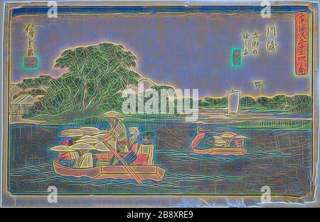 Kawasaki: Bateaux de ferry à Rokugo (Kawasaki, Rokugo no watashibune), de la série cinquante-trois stations du Tokaido (Tokaïdo gojuran tsugi no uchi), également connu sous le nom de Gyosho Tokaido, c. 1841/44, Utagawa Hiroshige ?? ??, Japonais, 1797-1858, Japon, imprimé color woodblock, aiban, 21,6 x 33 cm (8 1/2 x 13 in.), repensé par Gibon, design de gaie chaleureuse de luminosité et de rayonnement de rayons lumineux. L'art classique réinventé avec une touche moderne. La photographie inspirée du futurisme, qui embrasse l'énergie dynamique de la technologie moderne, du mouvement, de la vitesse et révolutionne la culture. Banque D'Images