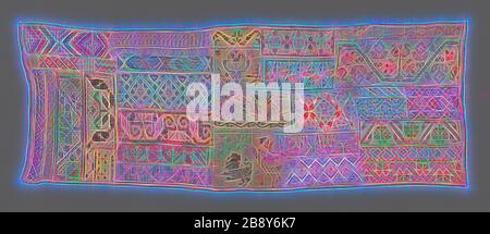 Échantillonneur, 1825/75, Mexique, México, lin, tissage Uni, brodé avec soie fil en croix, croix armée longue, flamme, course à pied, double course, carré ouvert, Et les points de satin, le drawnwork brodé avec lin et soie fil dans Aztec, boutonnière, chaîne, corail, darning, ourlet et coutures entrelaçantes, 36,2 x 97,8 cm (14 1/4 x 38 1/2 in.), repensé par Gibon, conception de glawing chaud et gai de luminosité et de lumière radiance. L'art classique réinventé avec une touche moderne. La photographie inspirée du futurisme, qui embrasse l'énergie dynamique de la technologie moderne, du mouvement, de la vitesse et révolutionne le cultu Banque D'Images