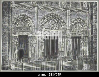 Portail principal, cathédrale de Chartres, c. 1860, imprimé c. 1873, Édouard Baldus, français, né en Allemagne, 1813–1889, France, Heliogravure (photogravure), 30,7 × 42,5 cm (image), 45,3 × 63,4 cm (papier), repensé par Gibon, design de lumière gaie et de luminosité. L'art classique réinventé avec une touche moderne. La photographie inspirée du futurisme, qui embrasse l'énergie dynamique de la technologie moderne, du mouvement, de la vitesse et révolutionne la culture. Banque D'Images