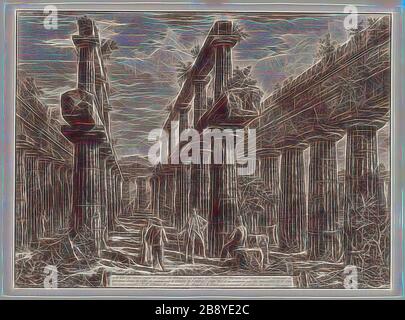 A., B. vue des vestiges des deux rangées de colonnes du Temple de Neptune qui formaient à l'origine les colonnades le long des côtés de la cella, et soutenait la partie supérieure du toit, de différentes vues de Paestum, 1778, Giovanni Battista Piranesi, italien, 1720-1778, Italie, Gravure sur papier ivoire, 498 x 675 mm (image), 503 x 684 mm (plaque), 525 x 715 mm (feuille), repensée par Gibon, design de brillant gai chaud de luminosité et de rayonnement de rayons lumineux. L'art classique réinventé avec une touche moderne. La photographie inspirée du futurisme, qui embrasse l'énergie dynamique de la technologie moderne, Banque D'Images