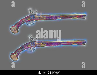 Paire de pistolets à Holster Flintlock, c. 1700/25, autrichien, Vienne, Vienne, acier, laiton, doré, noyer et corne, L. 53,3 cm (21 po.), réinventé par Gibon, design de gaieté chaleureuse et gaie de la luminosité et des rayons de lumière radiance. L'art classique réinventé avec une touche moderne. La photographie inspirée du futurisme, qui embrasse l'énergie dynamique de la technologie moderne, du mouvement, de la vitesse et révolutionne la culture. Banque D'Images