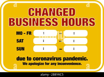 Modification du modèle de signe des heures d'ouverture avec texte MODIFICATION DES HEURES D'OUVERTURE EN RAISON DE LA PANDÉMIE DE CORONAVIRUS avec de l'espace pour les temps Illustration de Vecteur