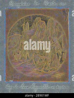 Le purgatoire de Dante, c. 1857, Jules-Élie Delaunay (français, 1828-1891), après Luca Signorelli (italien, ch. 1450-1523), France, encre plume et marron sur papier vélin brun clair, 190 × 167 mm, repensée par Gibon, conception d'un brillant chaleureux et gai de luminosité et de rayonnement de lumière. L'art classique réinventé avec une touche moderne. La photographie inspirée du futurisme, qui embrasse l'énergie dynamique de la technologie moderne, du mouvement, de la vitesse et révolutionne la culture. Banque D'Images