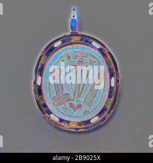 Pendentif double face avec instruments de la Passion et emblème d'une Confraternité, XVIIIe siècle, européen, Europe, or, émail, soie, et paperasserie à l'intérieur de dorures, 4,8 × 3,4 cm (1 7/8 × 1 5/16 in.), repensé par Gibon, design de gluminage chaleureux et gai radiance. L'art classique réinventé avec une touche moderne. La photographie inspirée du futurisme, qui embrasse l'énergie dynamique de la technologie moderne, du mouvement, de la vitesse et révolutionne la culture. Banque D'Images