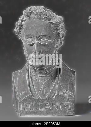 Portrait Bust de Joseph-Louis-Hippolyte Bellange, 1847, Jean-Pierre Dantan, français, 1800-1869, France, terre cuite, 19,7 × 12,1 × 10,5 cm (7 3/4 × 4 3/4 × 4 1/8 in.), repensé par Gibon, design de glanissement chaleureux de la luminosité et des rayons de lumière. L'art classique réinventé avec une touche moderne. La photographie inspirée du futurisme, qui embrasse l'énergie dynamique de la technologie moderne, du mouvement, de la vitesse et révolutionne la culture. Banque D'Images
