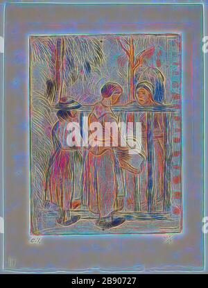 Beggar femmes, c. 1894, imprimé 1930, Camille Pissarro (français, 1830-1903), imprimé par Alfred Porcaboeuf (français, 1895-c. 1946), imprimé par Jean Cailac (français, actif XXe siècle), France, gravure de couleurs, point sec, et aquatint sur papier ivoire, 200 × 153 mm (image), 225 × 175 mm (plaque), 265 × 200 mm (feuille), repensé par Gibon, design de brillant gai chaud de luminosité et de rayonnement de lumière. L'art classique réinventé avec une touche moderne. La photographie inspirée du futurisme, qui embrasse l'énergie dynamique de la technologie moderne, du mouvement, de la vitesse et révolutionne la culture. Banque D'Images