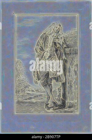 Homme debout se penchant sur son coude, avant 1710, Jean Antoine Watteau (français, 1684-1721), terminé par Henri-Simon Thomassin (français, 1687-1741), France, gravure sur papier crème, 126 × 79 mm (image), 1437 × 101 mm (feuille), repensée par Gibon, design de glanissement chaleureux de la luminosité et des rayons imaginaires. L'art classique réinventé avec une touche moderne. La photographie inspirée du futurisme, qui embrasse l'énergie dynamique de la technologie moderne, du mouvement, de la vitesse et révolutionne la culture. Banque D'Images