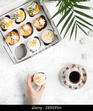 Des cupcakes faits maison dans une boîte blanche près du café noir et de la plante verte sur fond blanc. Femme tenant un cupcake. Banque D'Images