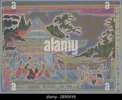 Loi VI (Rokudanme), de la série perspective Photos de la Storehouse des fidèles retardeurs (Uki-e kanadehon Chushengura), c. 1791/94, Kitao Masayoshi (Kuwagata Keisai), japonais, 1764–1824, Japon, imprimé color woodblock, horizontal o-oban, 33,4 x 43,8 cm, repensé par Gibon, design de glanissement chaleureux et gai de luminosité et de rayons de lumière radiance. L'art classique réinventé avec une touche moderne. La photographie inspirée du futurisme, qui embrasse l'énergie dynamique de la technologie moderne, du mouvement, de la vitesse et révolutionne la culture. Banque D'Images