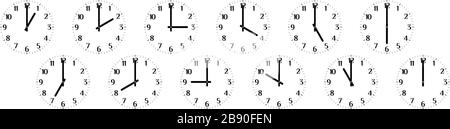 Jeu de douze faces d'horloge noires rondes isolées sur fond blanc montrant différentes heures de un à douze. Illustration vectorielle plate. Illustration de Vecteur