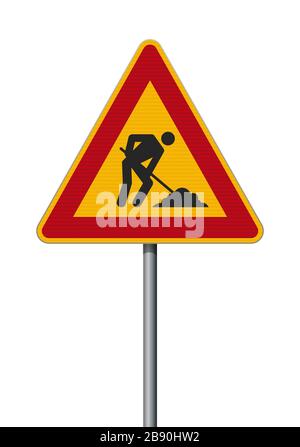 Illustration vectorielle du panneau de signalisation triangulaire hommes au travail sur poste métallique Illustration de Vecteur