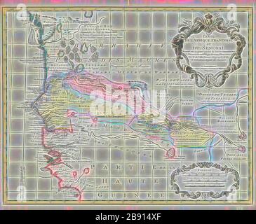 Carte, carte de l'Afrique Françoise ou du Sénégal, Guillaume Delisle (1675-1726), imprimé Copperplate, repensé par Gibon, design de gaieté chaleureuse et gaie de la luminosité et des rayons de lumière radiance. L'art classique réinventé avec une touche moderne. La photographie inspirée du futurisme, qui embrasse l'énergie dynamique de la technologie moderne, du mouvement, de la vitesse et révolutionne la culture. Banque D'Images